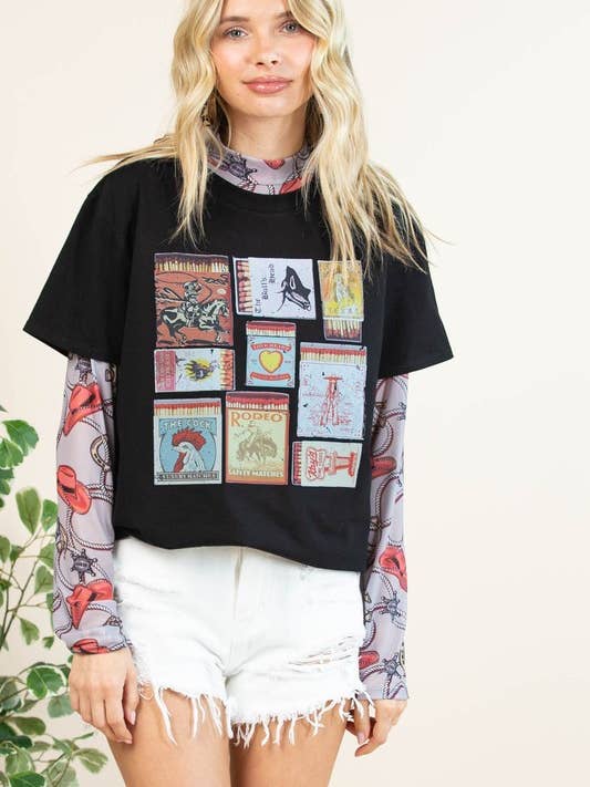 AV1205-FRANKIE WESTERN VINTAGE MATCH BOXED GRAPHIC TEE for wholesale by Avery