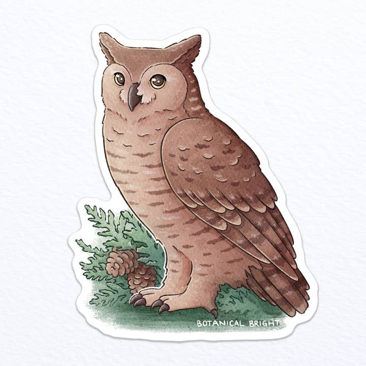 Great Horned Owl Waterproof Sticker for wholesale by Botanical Bright