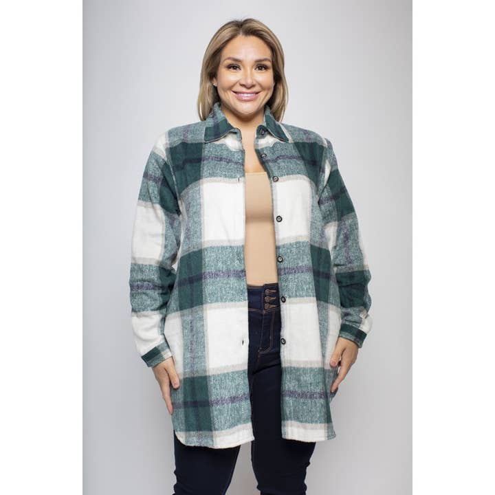 PLUS SIZE PLAID BUTTON FRONT COLLARED SHACKET for wholesale by Curve Market