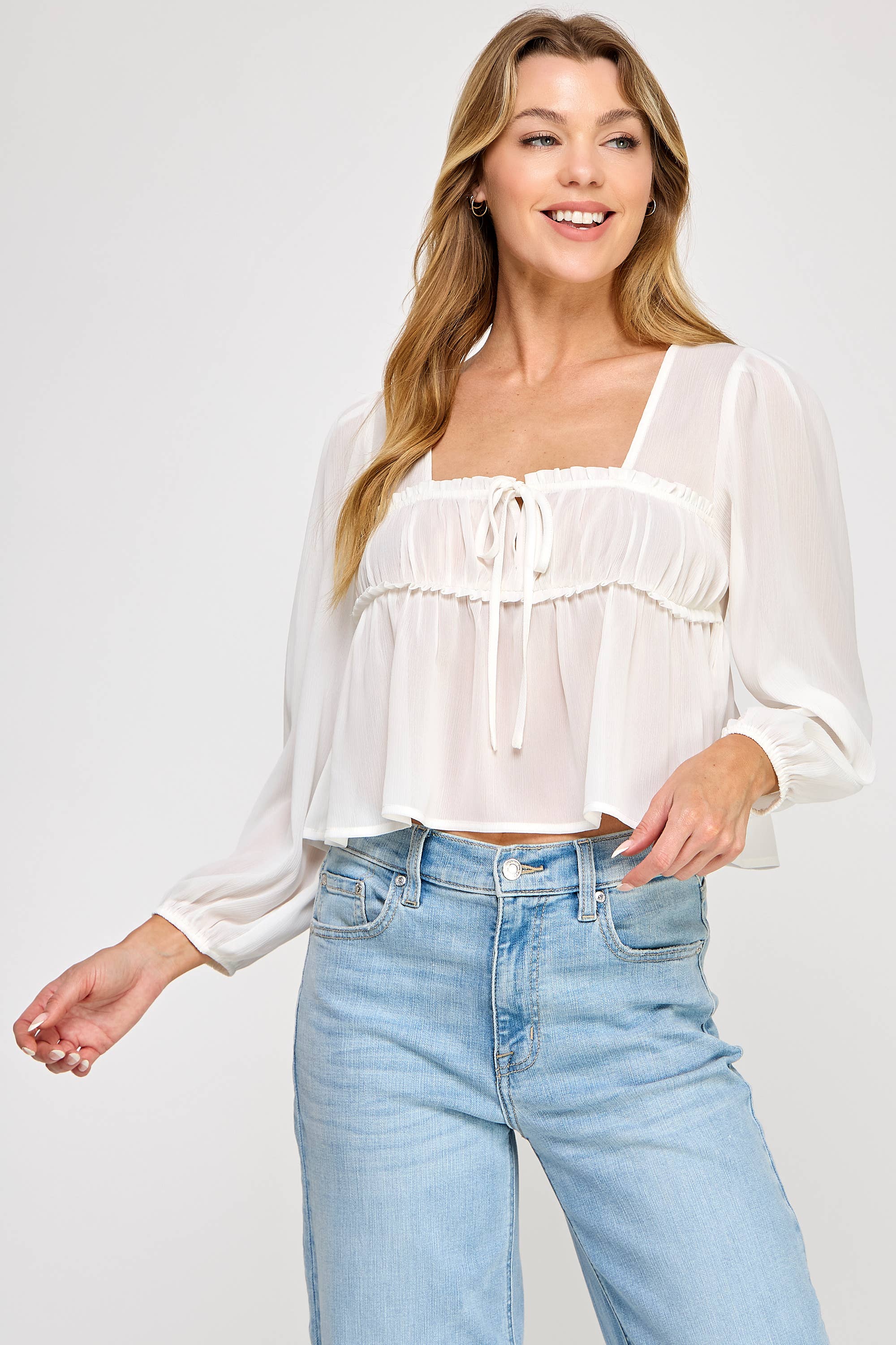 Vestis M - Vente Chemisier – femme - Haut à manches bouffantes transparentes en chiffon à encolure carrée - Noir8
