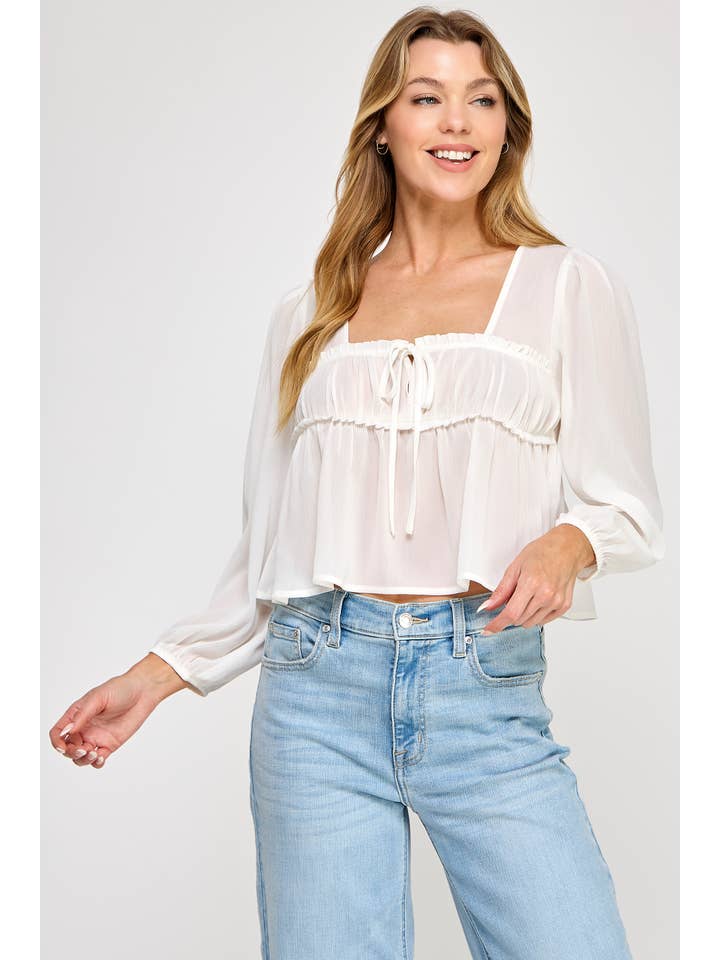 Vestis M - Vente Chemisier – femme - Haut à manches bouffantes transparentes en chiffon à encolure carrée - Noir8