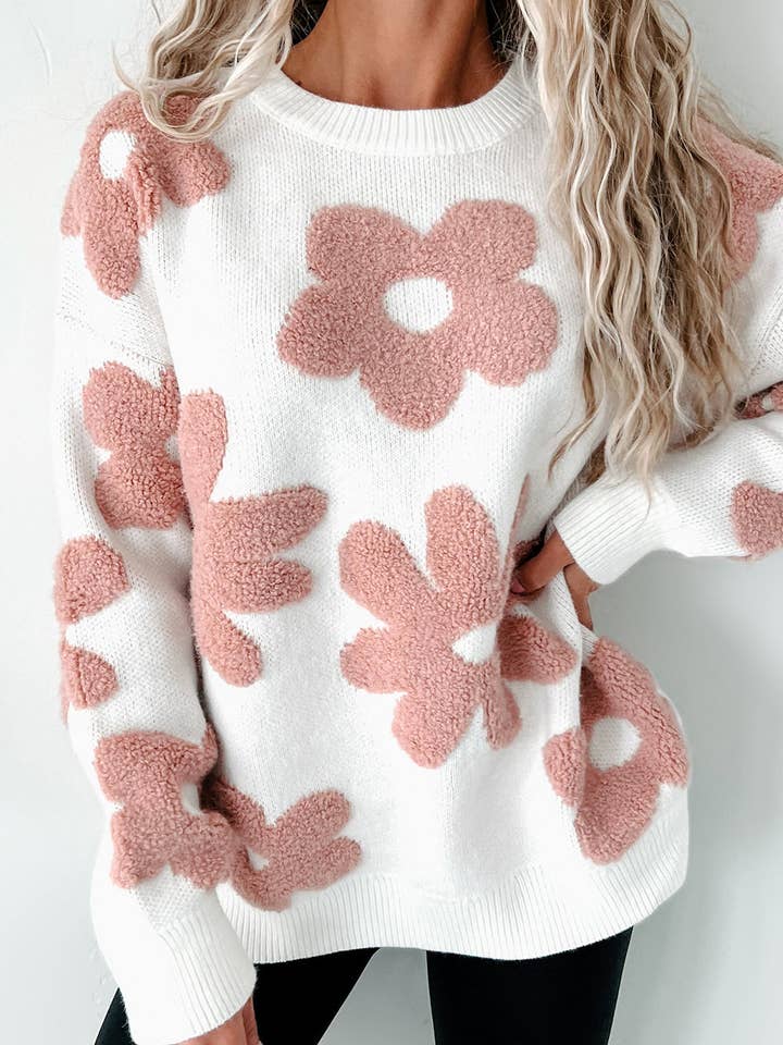 White Textured Flower Drop Shoulder Loose Sweater for wholesale on Faire0