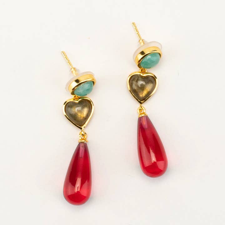 Remy Heart 3 Drop Earrings - Glass Ruby, Labradorite, and Amazonite Blue for wholesale by Addison Weeks