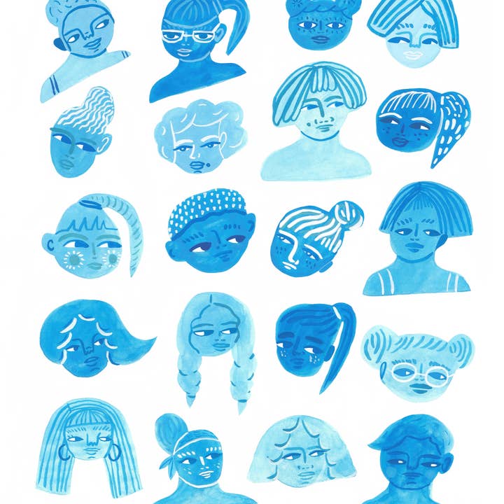 Blue Faces Giclée Print for wholesale by Rare Press