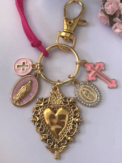 Miss DJ Angel - Vente Porte-clés – femme - Porte-clés vierge Marie coeur sacré et croix, cadeau pour maman vierge, breloque vierge médaille miraculeuse, porte clé vierge ex voto1