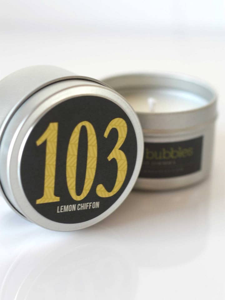 LEMON CHIFFON Soy Candle in 6 oz Travel Tin for wholesale by Coco & Bubbles