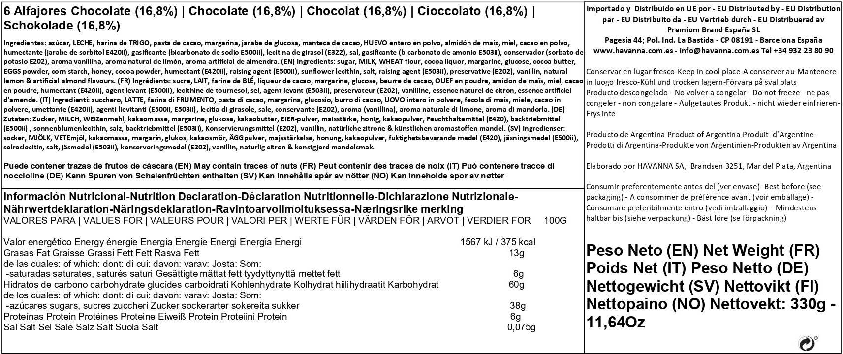 Premium Brand - Wholesale Cookie - Havanna | Chocolate Alfajores | 6 units | 330 grams5