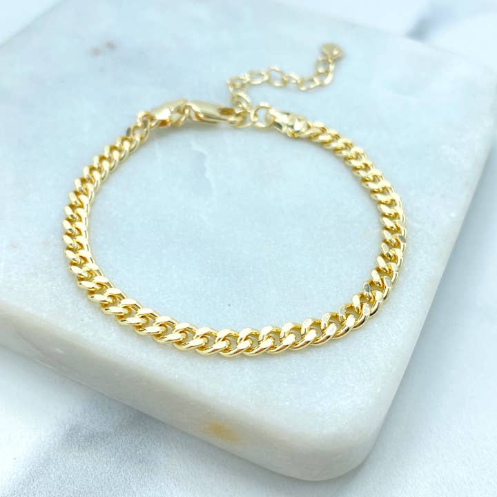 Luxus Accessories - Wholesale Link & chain bracelet - 18k Gold Filled 4mm Flat & Polished Curb Link Chain or Bracelet or Anklet, Cuban Link Chain in various lengths6