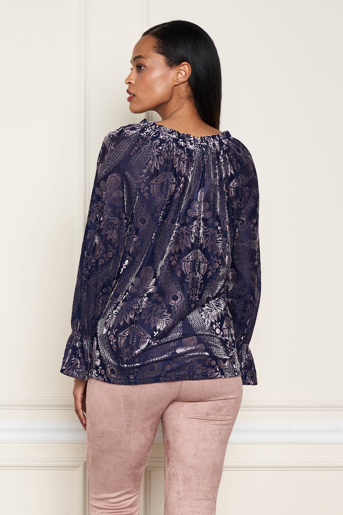 Blue Gray 5530-MAT Burnout Velvet Knit Peasant Top for wholesale on Faire6