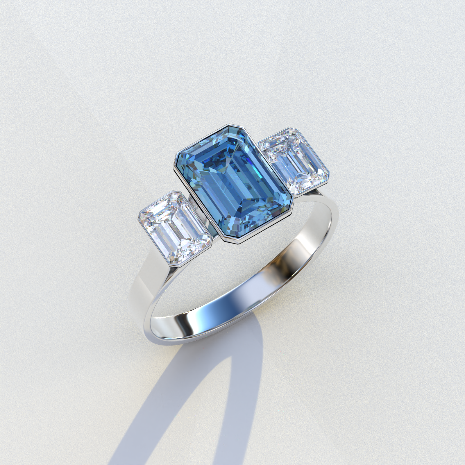 Mohana Jewels - Luxury - Wholesale Engagement Ring - Lab Grown Diamond Blue Emerald Cut Bezel Set 3 Stone Diamond Engagement Ring - Elaris1