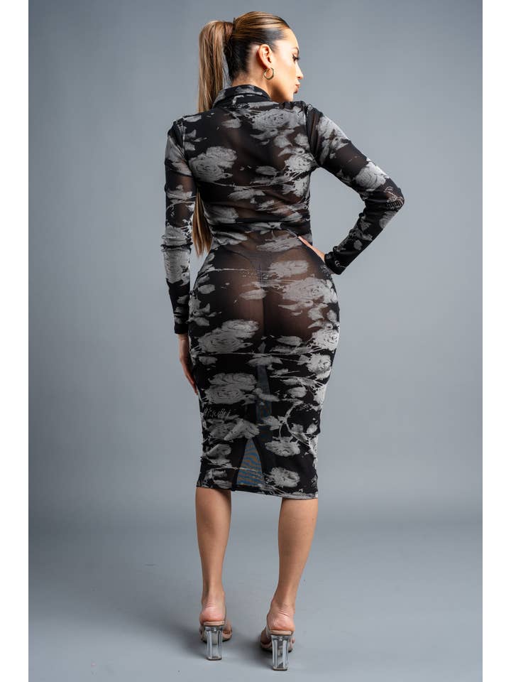 BLACK PD77637EST-W_CHIC FLORAL FLOCKING MESH BUTTON DOWN MIDI DRESS for wholesale on Faire2