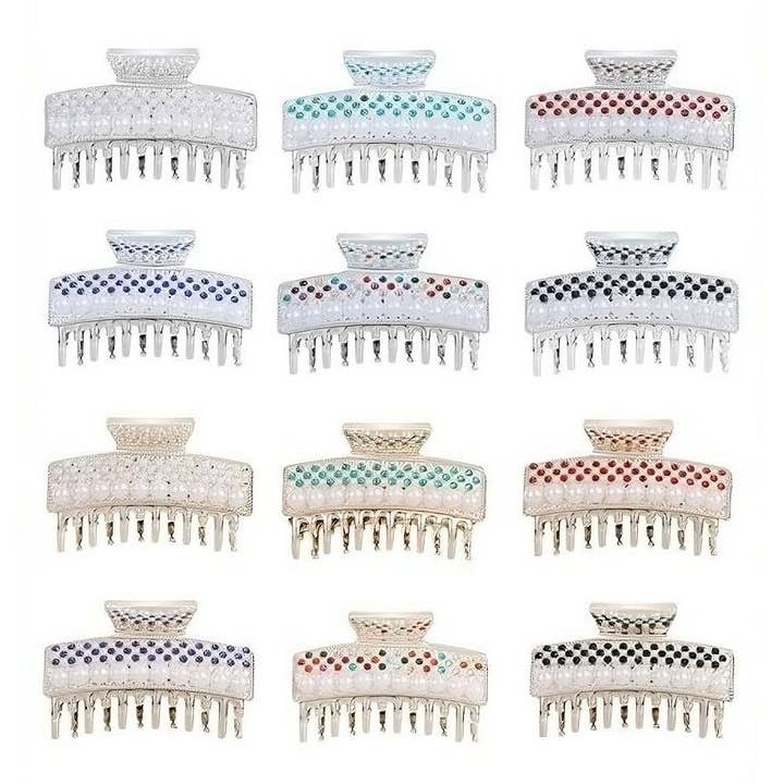 Diacly - Wholesale Hair Clip - Women's - 12pk Stone Pearls Polish Rectangle Hair Claw Clip