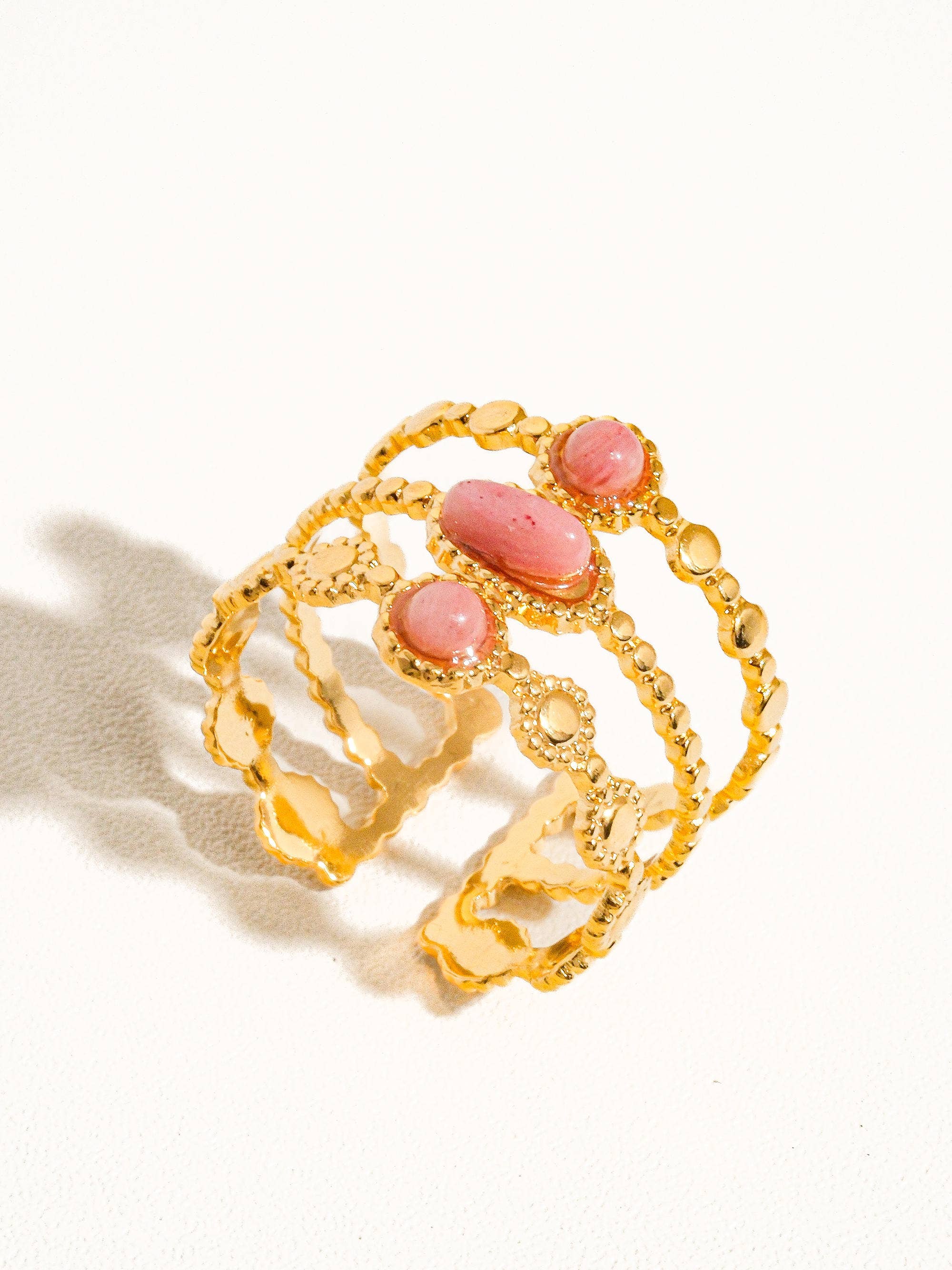 Pink Posh 18K Gold Non-Tarnish Trilayer Adjustable Stone Ring for wholesale on Faire1