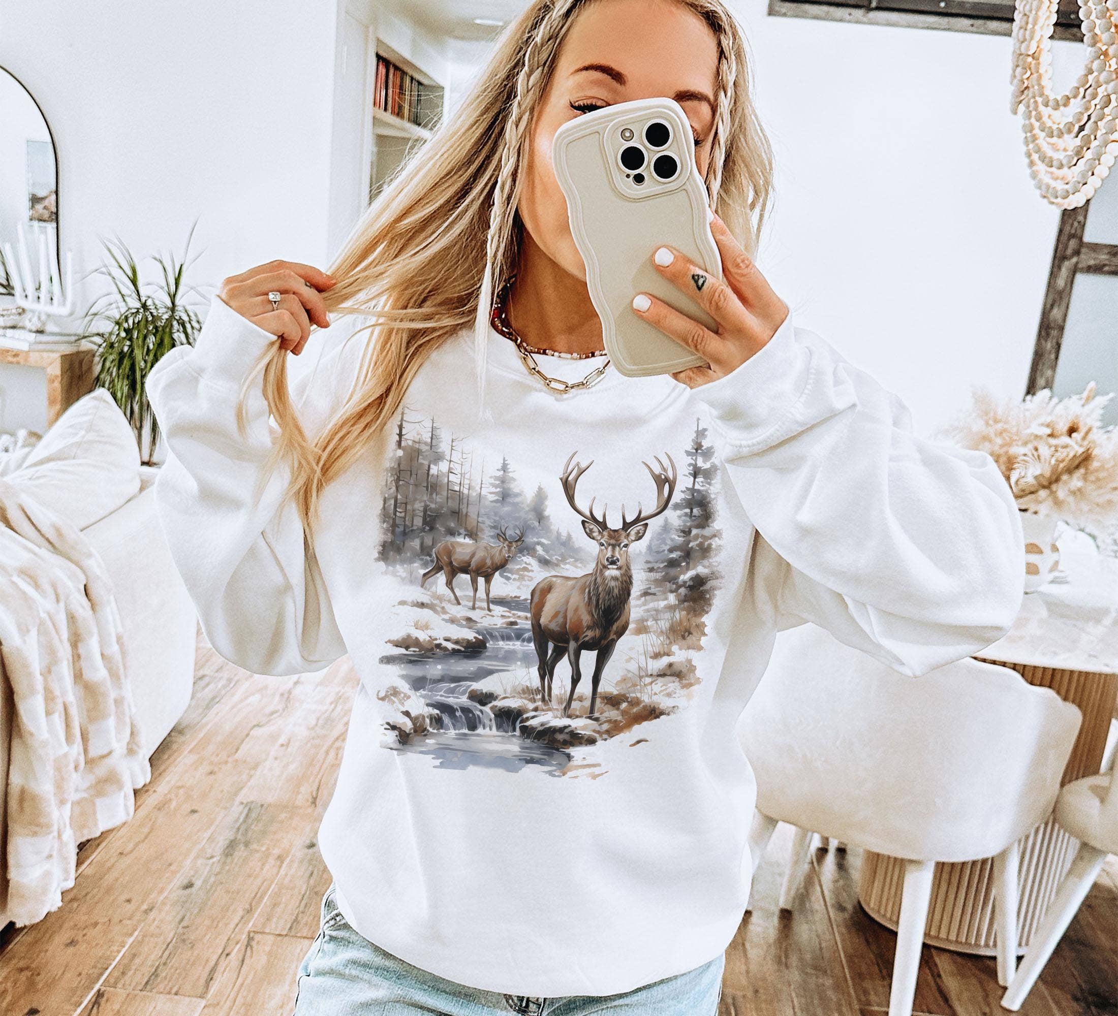 NVC Ecommerce LLC - Wholesale T-Shirt (Graphic) - Women's - Retro Deer Wilderness Scene Shirt, Winter Deer Sweatshirt1