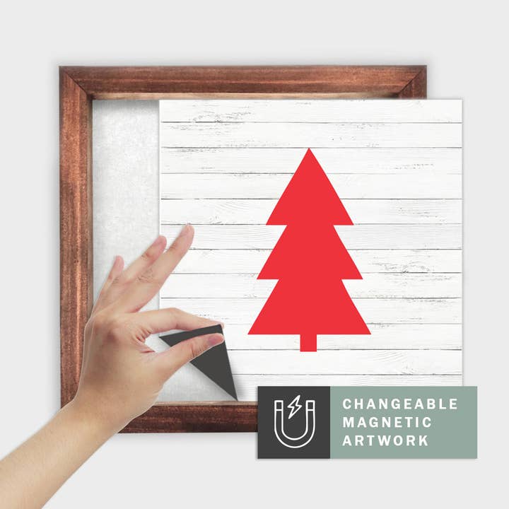 Magnetic Seasonal Decor Insert for Interchangeable Sign (Medium): Red Christmas Tree on Faux Wood | Magnetic Sign Blank Sold Separate for wholesale by Simpler Seasons Decor
