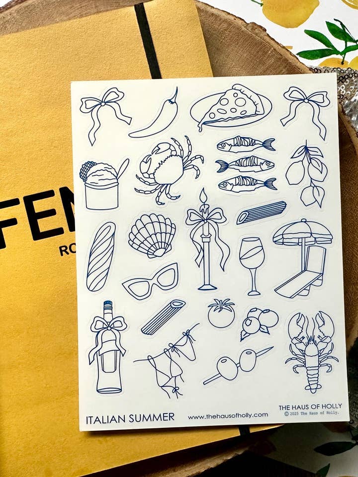 Foglio di Adesivi Estivi Italiani| Adesivi Costiera Amalfitana| Adesivi per Diario| Adesivi Cibo Italiano| Adesivi Italia| Regali Italiani| Regali Italia per la vendita all'ingrosso da parte di The Haus of Holly
