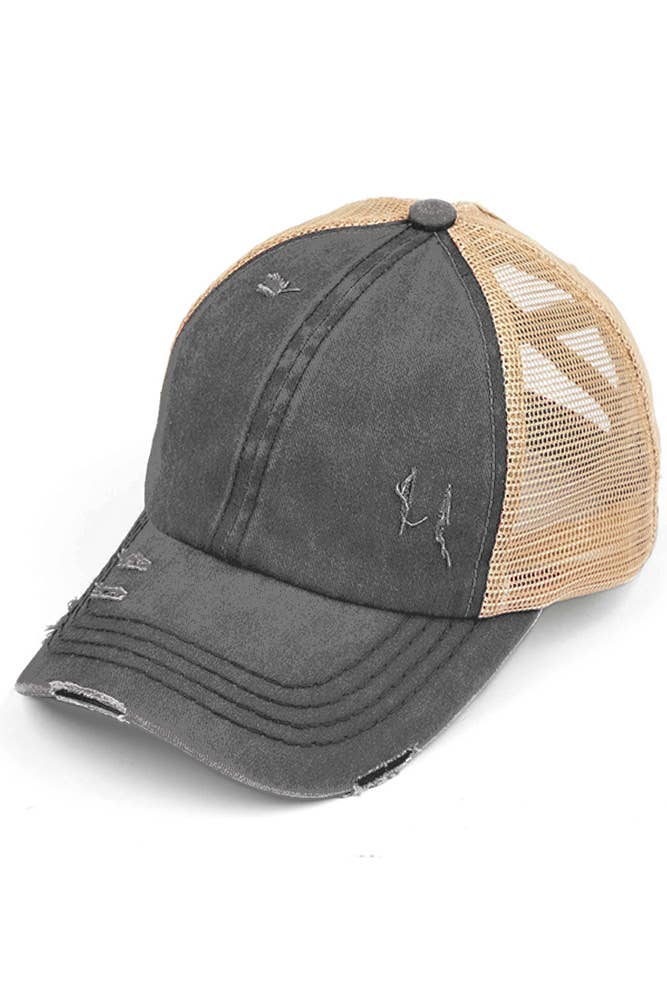 Hana - Wholesale Ponytail Cap - Women's - C.C Washed Denim with Crossed Elastic Band Mesh Pony Cap6