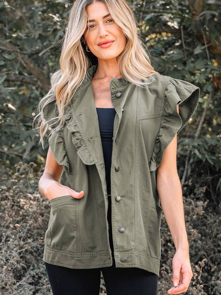 Denim Patchwork Ruffle Sleeve Jacket Vest for wholesale by PRETTY BASH