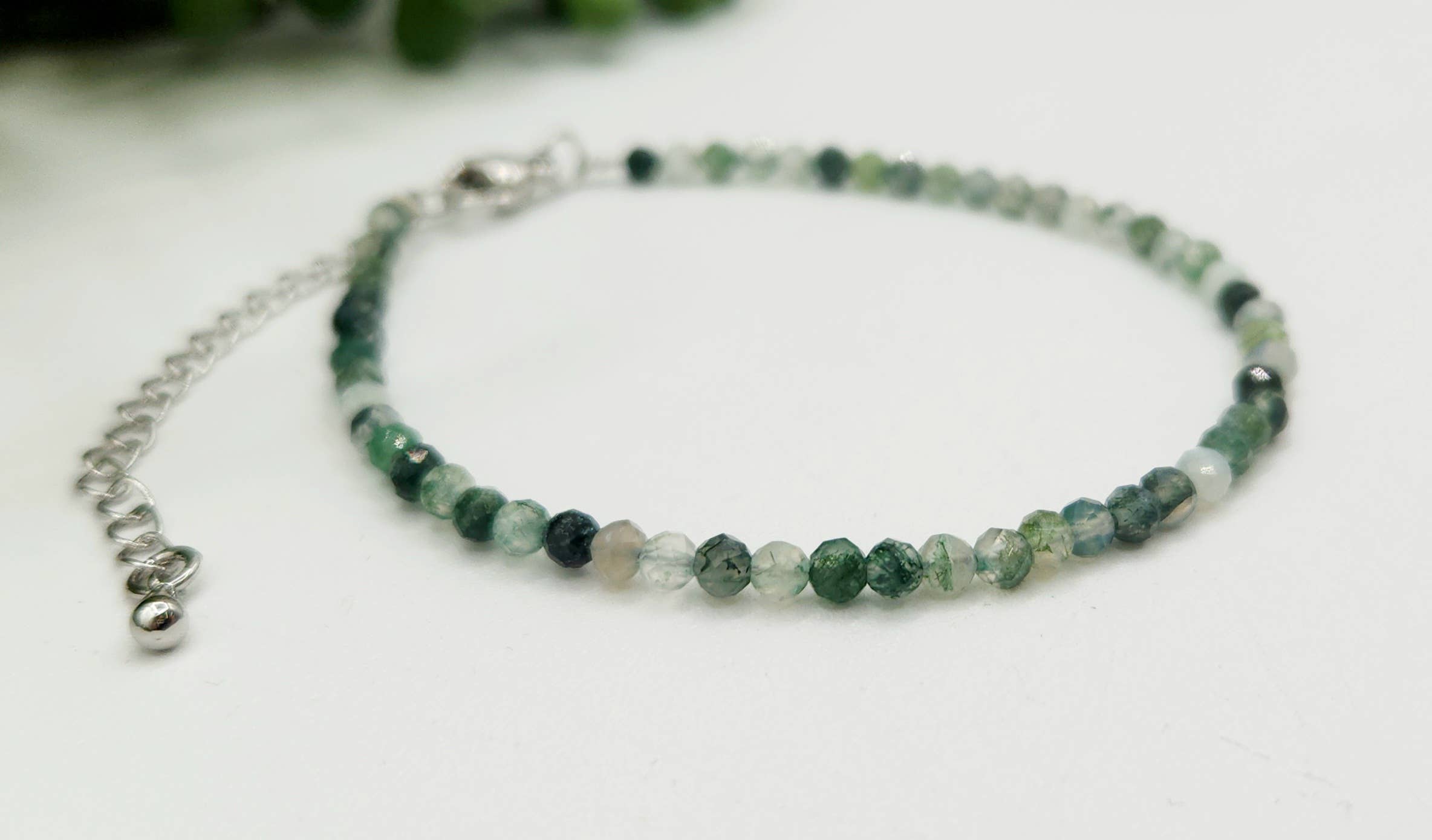 Meraki Gemstones - Wholesale Beaded Bracelet - Moss agate Bracelet Faceted 3MM w/Silver Color Clasp3