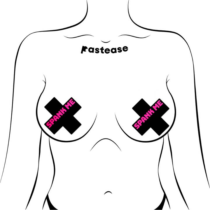 Pastease® – Großhandel Brustwarzenabdeckung – Damen – Plus 'Spank Me 'Schwarzes Kreuz auf neonrosa Basis Nippel-Pasties