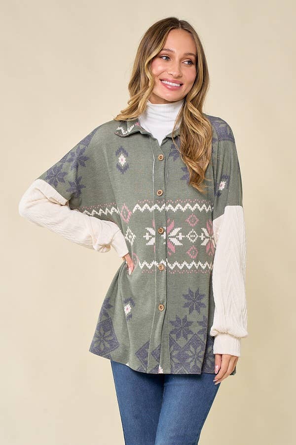 lovely melody - Wholesale Shirt Jacket/Shacket - Women's - LMT3653-Snowflake shacket Print9