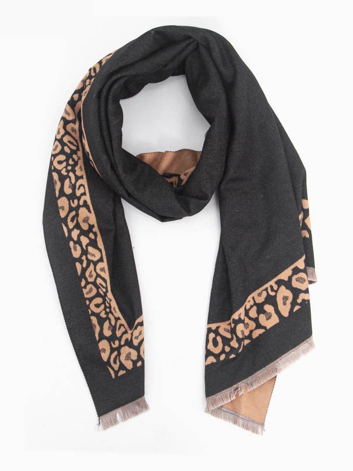Aga Heavyweight Scarf - Black/Camel, Leopard Border for wholesale by Sarta Accessories