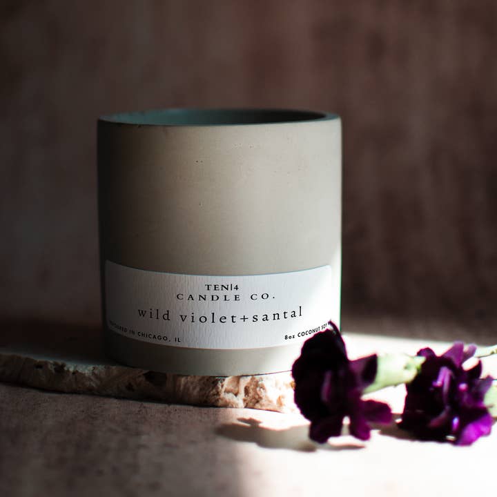 9.5 oz Wild Violet Santal Concrete Candle for wholesale by TEN|4 Candle Co.