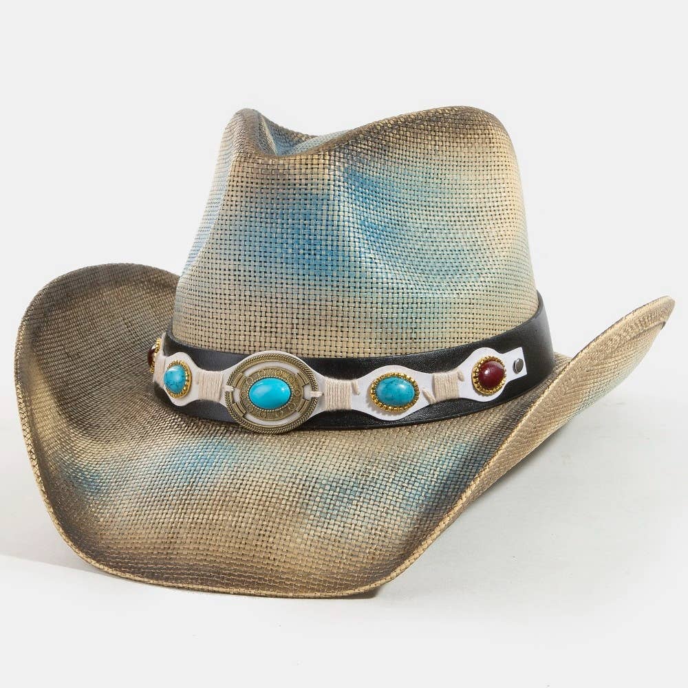 Collections by Fame Accessories – Engroshandel Cowboyhat - Dame – Vestlig turkis stenrem stråcowboyhat7