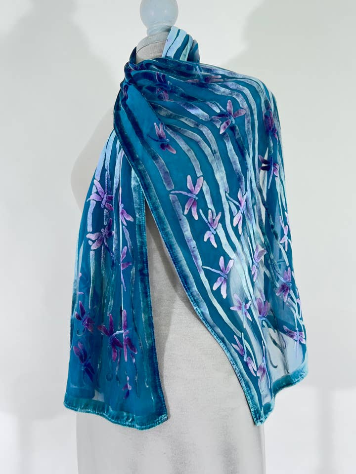 Dragonflies Scarf in Blue for wholesale by Sherit Levin Textiles