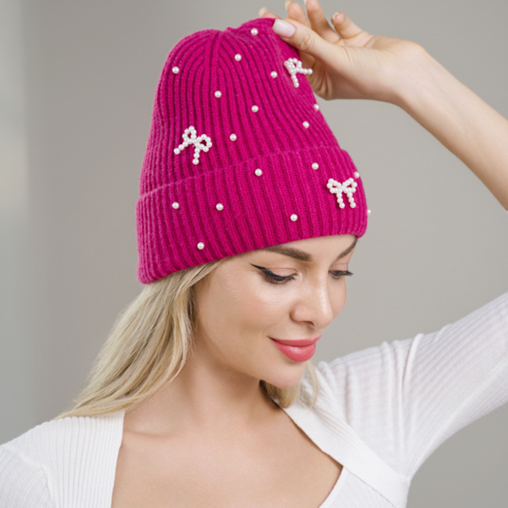 JOIA ACCESSORIES - Wholesale Beanie - Women's - PEARL BOW ACCENT KNIT BEANIE HAT, H 35082