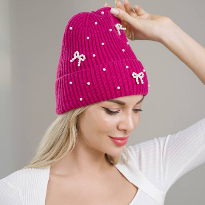 JOIA ACCESSORIES - Wholesale Beanie - Women's - PEARL BOW ACCENT KNIT BEANIE HAT, H 35082