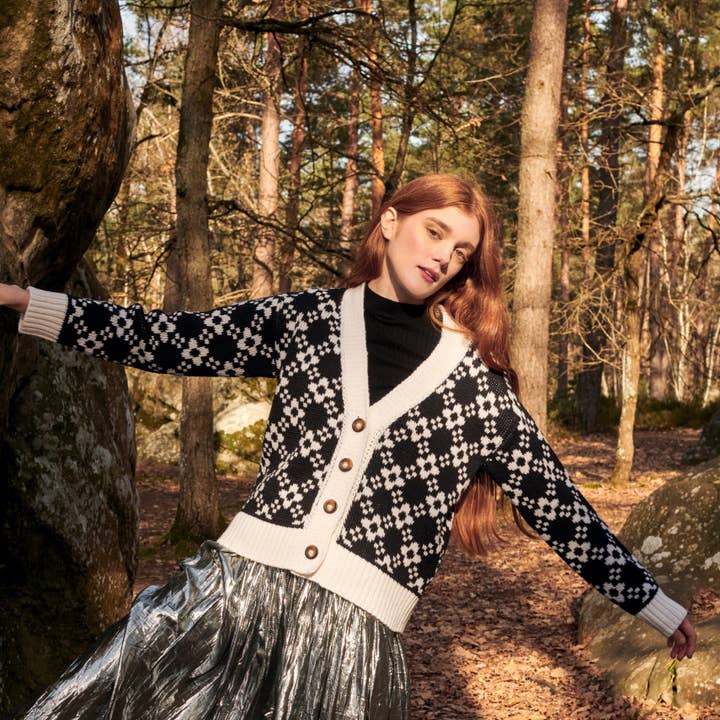 Flower Chain Cardi in Black & White for wholesale by GiGi Knitwear