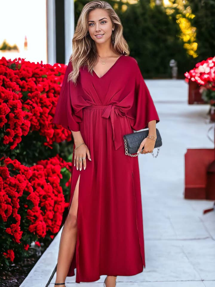 Anna Kaci Wholesale - Wholesale Dress - Women's - Elegant V-Neck High Waisted Tie Loose Long Split Maxi Dress0