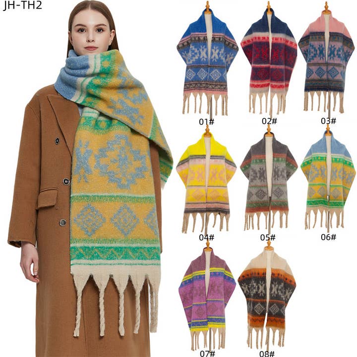 Adorro - Wholesale Scarf - Women's - Soft Chunky Western Fleece Scarf With Tassel (8 colors)