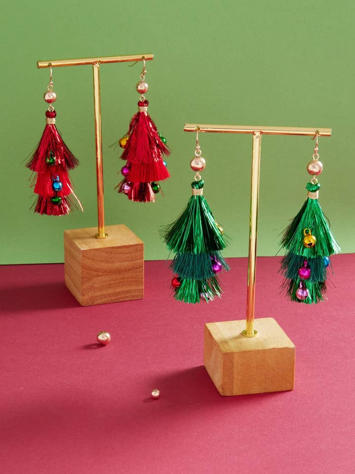 Christmas Tree with Ornaments Tassel Hook Earrings for wholesale by Designature New York
