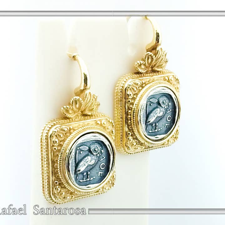 Brincos de tetradrachmon em prata de lei oxidado & dourado por atacado de RAFAEL SANTAROSA