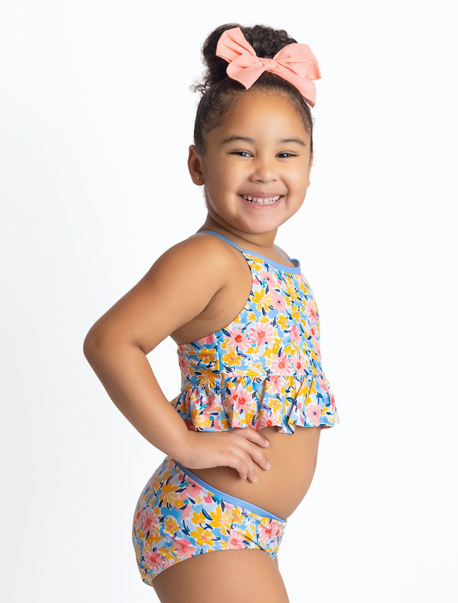 White Girls Swim Blue Floral Filigree Ruffle-Trim Tankini for wholesale on Faire0