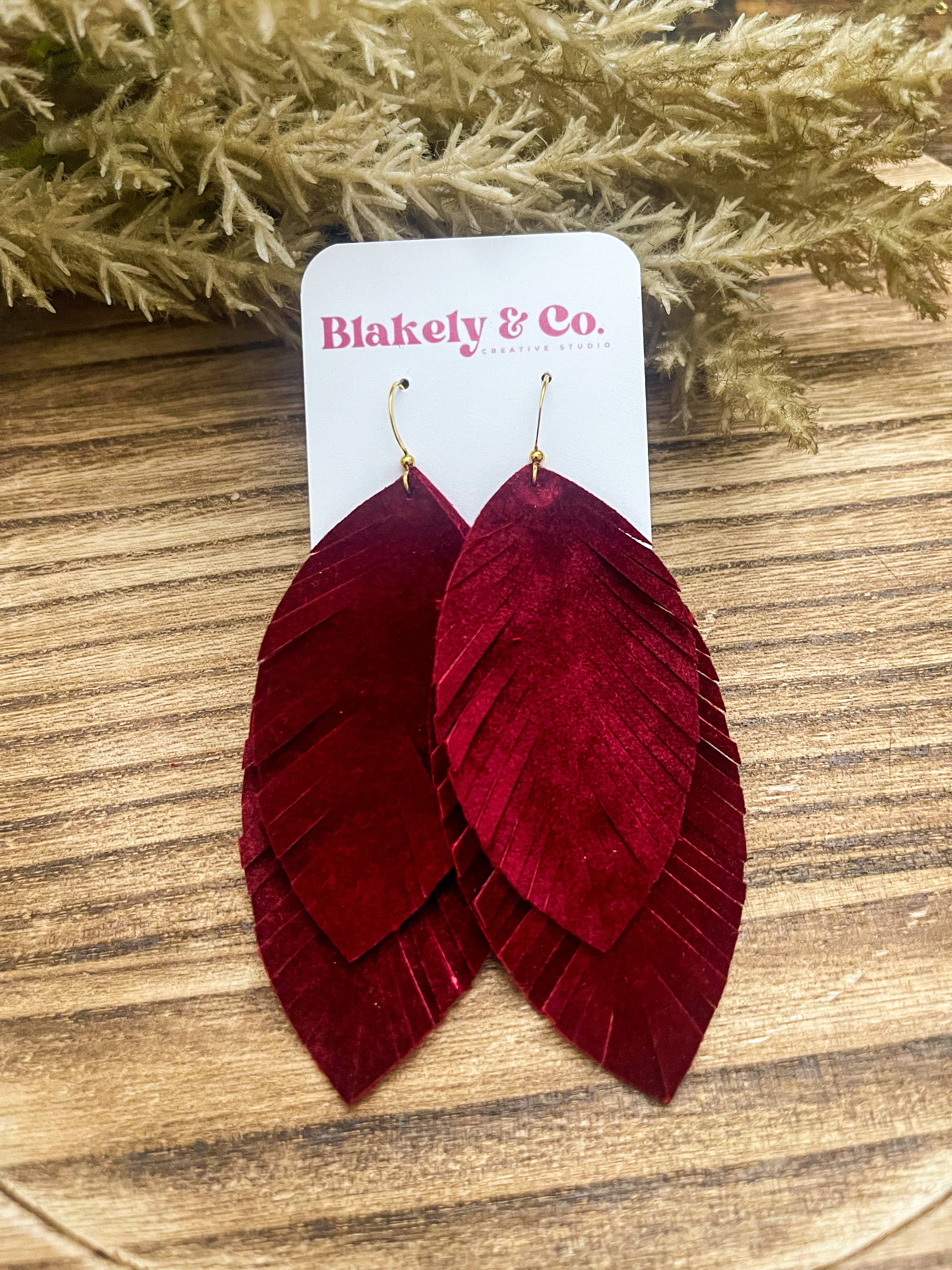 Blakely and Co. - Wholesale Dangle Earrings - Burgundy Velvet Faux Leather Feather Earrings