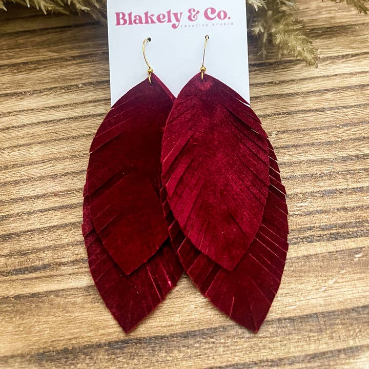 Blakely and Co. - Wholesale Dangle Earrings - Burgundy Velvet Faux Leather Feather Earrings0