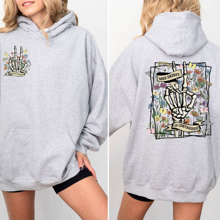 Hoodie Énergie Positive Gris Clair pour la vente par ChubbyBubbyBear