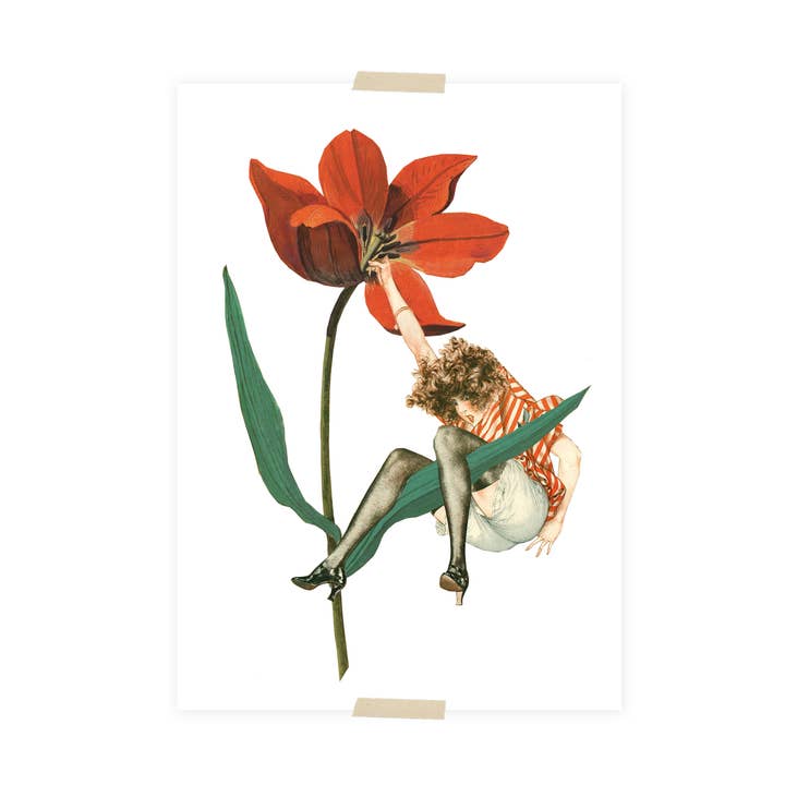 Postcard collage girl hanging on a flower for wholesale by Lylies