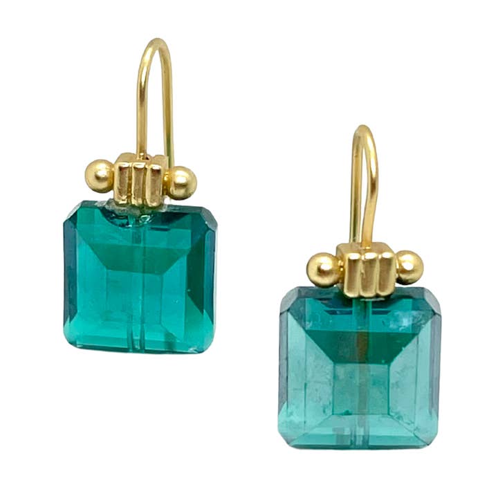 Square Emerald Crystal Matte Gold Column Earrings for wholesale by Deborah Grivas Designs