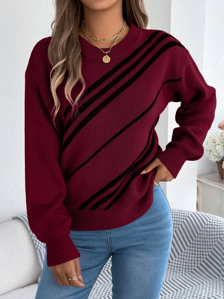 Svelte Seduction - Wholesale Knitted jumper – Women′s - Women Clothing Autumn Winter Casual Striped round Neck Lantern Long Sleeve Pullover