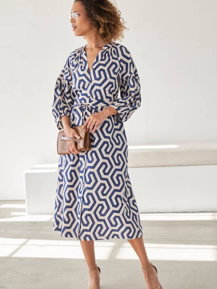 ocean+main - Wholesale Dress - Women's - Navy Geometric Cotton Belted Aubrey Peasant Dress with Pockets