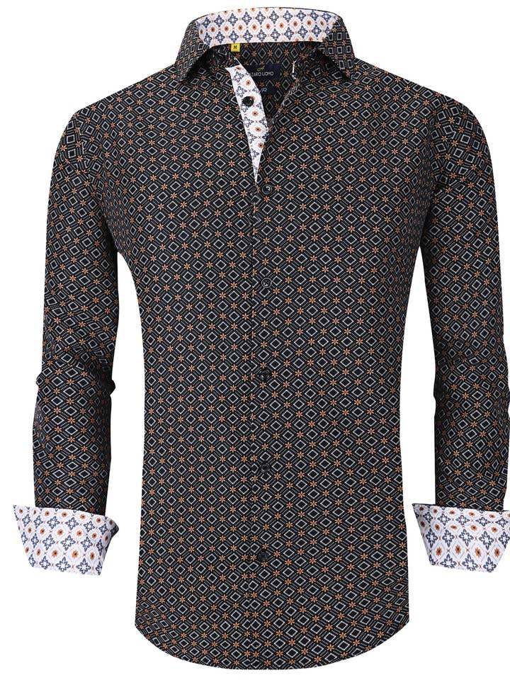 Camicia a maniche lunghe con micro stampa floreale geo classica - nera per la vendita all'ingrosso da parte di Suslo Couture