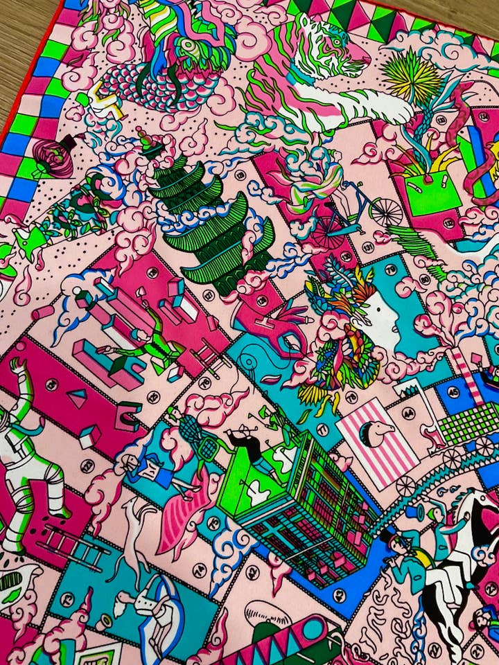 Designer inspired silk pink dragon rolled hem scarf for wholesale by Baubles by Maggi