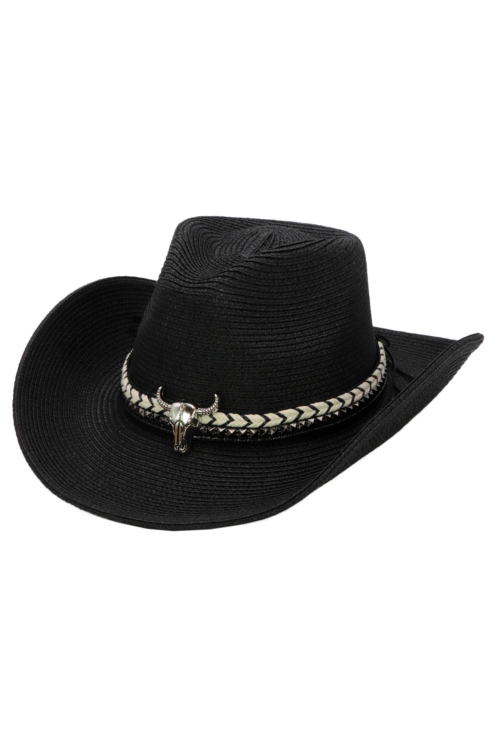 Cap Zone - Wholesale Cowboy Hat - Women's - Buffalo Skull Studs Braided Belt Straw Cowboy Hat5
