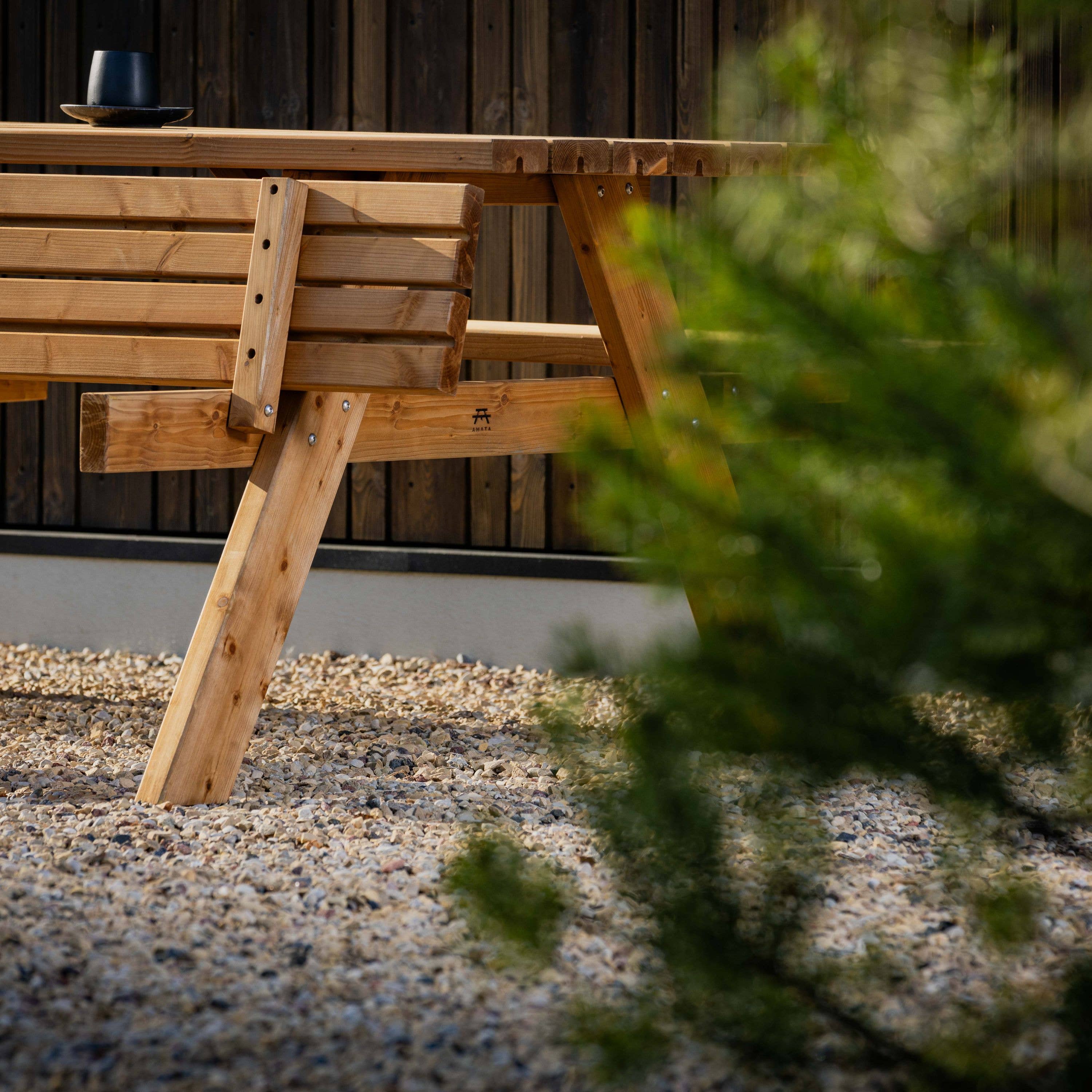 AMATA - Vendita all'ingrosso Tavoli da patio - Set da picnic in legno marrone a forma di A con tavolo e panchine6