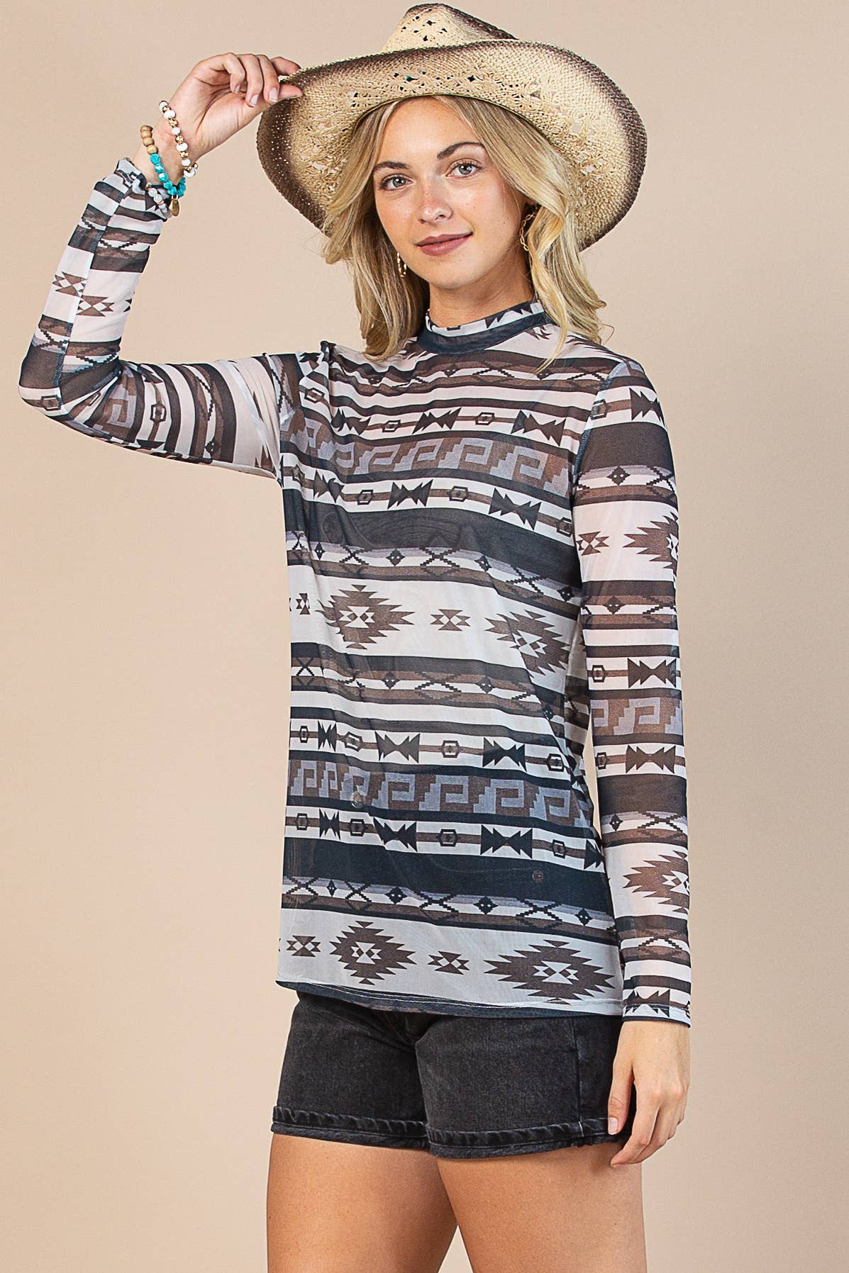 MOCHA CHARCOAL AV1230-BILLIE AZTEC PRINT SEMI SHEER MESH TOP for wholesale on Faire6