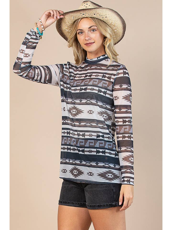 MOCHA/CHARBON DE BOIS HAUT EN MAILLE SEMI-TRANSPARENTE À IMPRIMÉ AZTÈQUE AV1230-BILLIE en vente sur Faire6